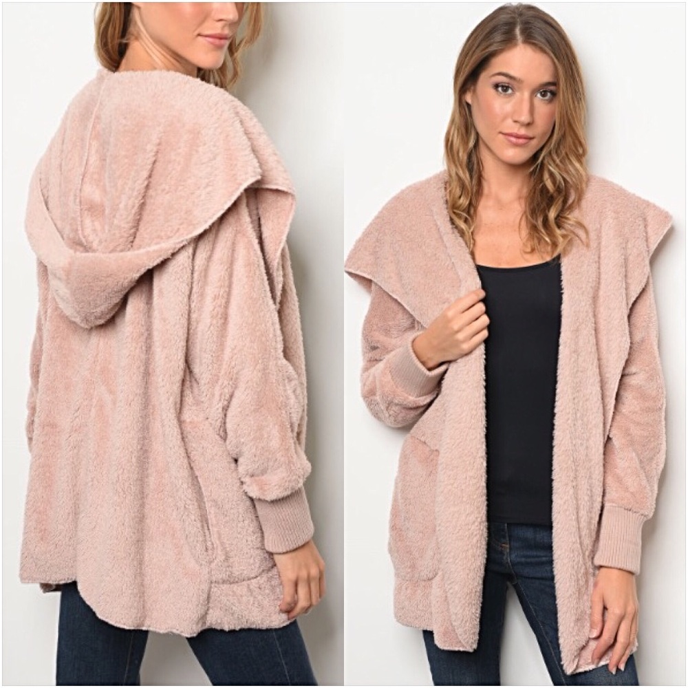 Fuzzy Blush Plush Fur Fleece Jacket Pockets O/S - Picture 2 of 6